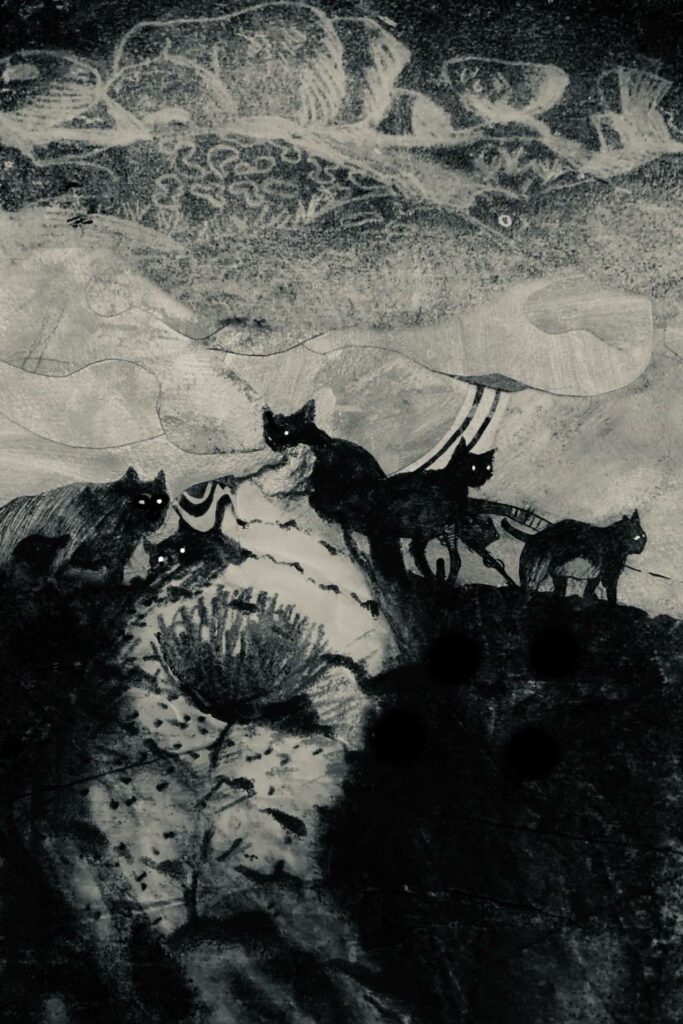 Impressionistic drawing of feral cats in landscape . Mixed media